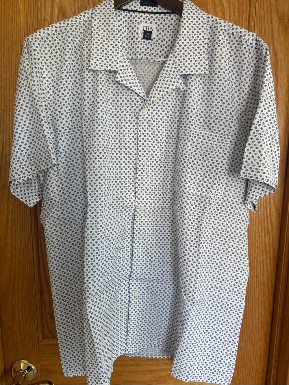 Nordstrom White Short-Sleeve Button-Down Shirt with Navy Microprint